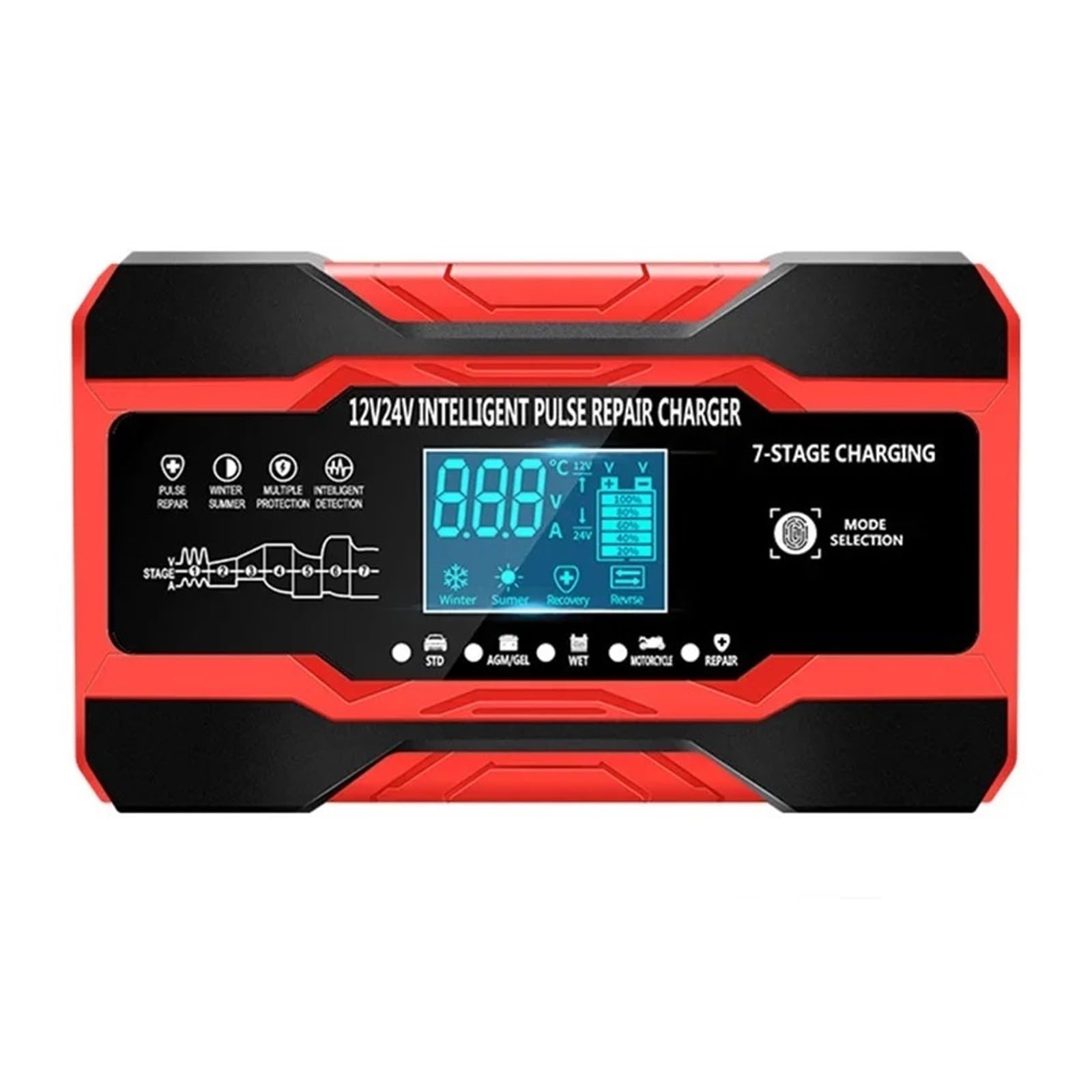Cargador De Batería Coche Completamente Automático, 12V, 10A, 24V, 5A, Carga Rápida Inteligente For AGM Gel, Plomo Y Ácido, Pantalla LCD Potente Carga Rápida(Red)