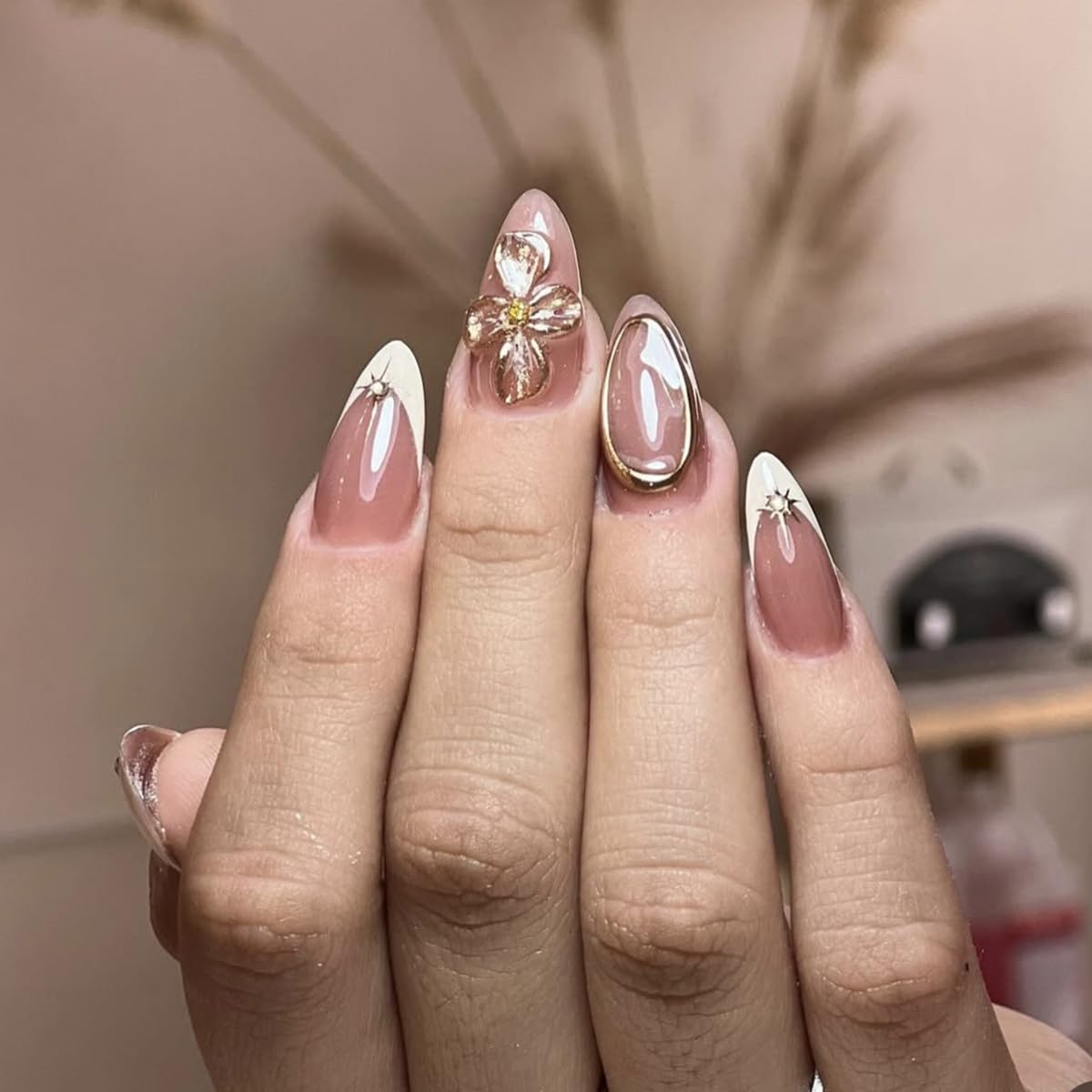 French Tip Almond Press On Nails With 3d Gild Cross Charms Kit_voghion.com
