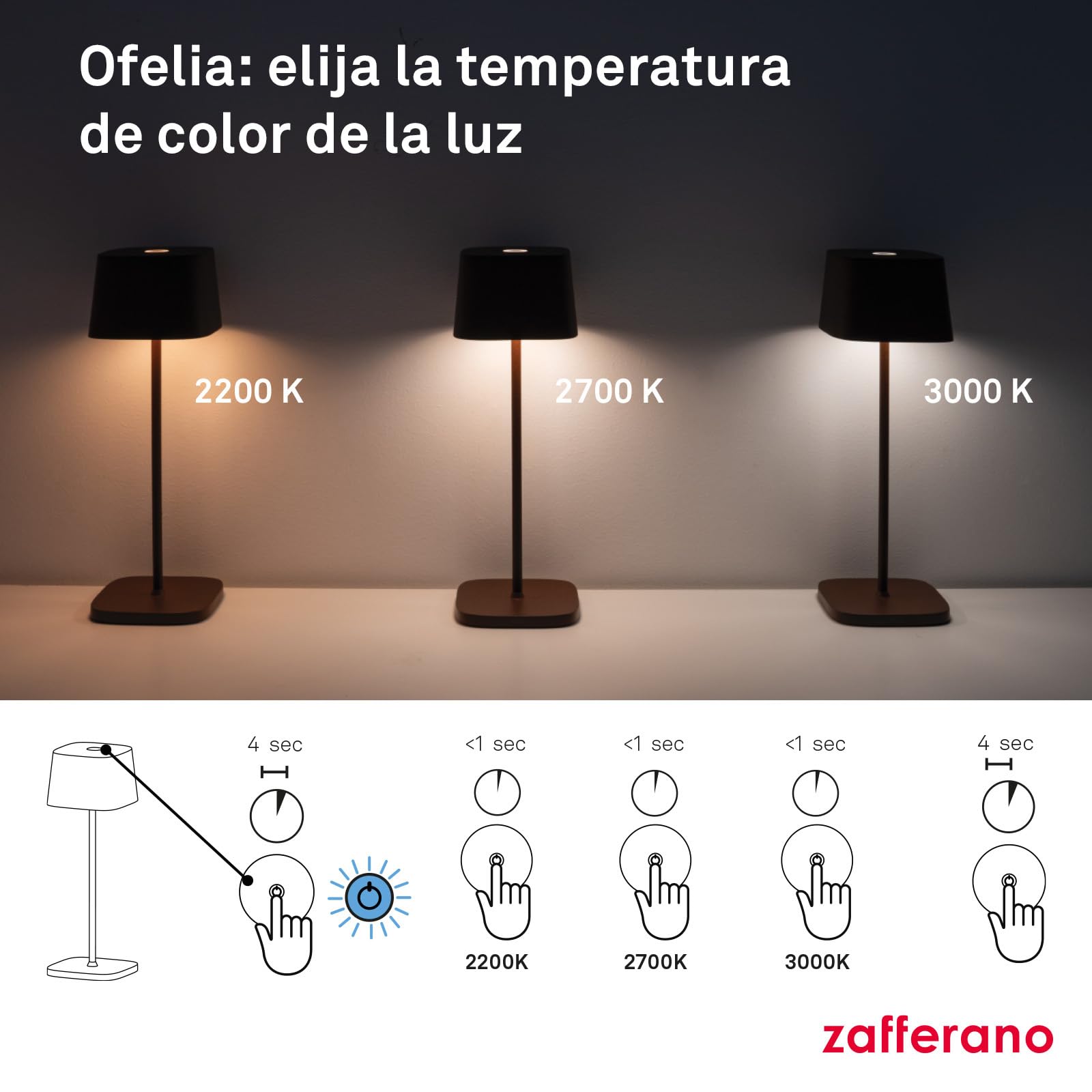 Zafferano, Lámpara Ofelia, Lámpara de Mesa Recargable e Inalámbrica con Control Táctil, También Adecuada como Lámpara de Exterior, Atenuador, 2200-3000 K, Altura 29 cm, Color Arena