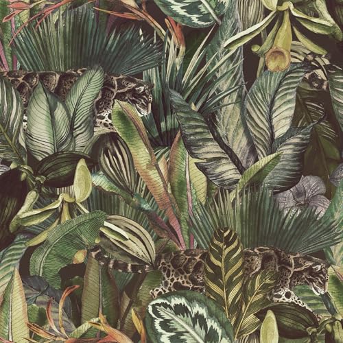 FunStick Papel Pintado Autoadhesivo Selva Verde Oscuro Papel Pintado Pared Tropical Hojas Leopardo Decoración Revestimiento Pared Habitación Armarios Vinilo Adhesivo Vintage Verde Muebles 44.5CM×3M
