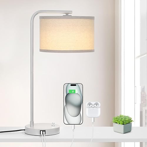 Miniatura 1 de Lámpara de mesa con puertos USB C+A, lámpara de mesita de noche totalmente regulable para sala de estar, lámpara de noche gris moderna, lámpara de