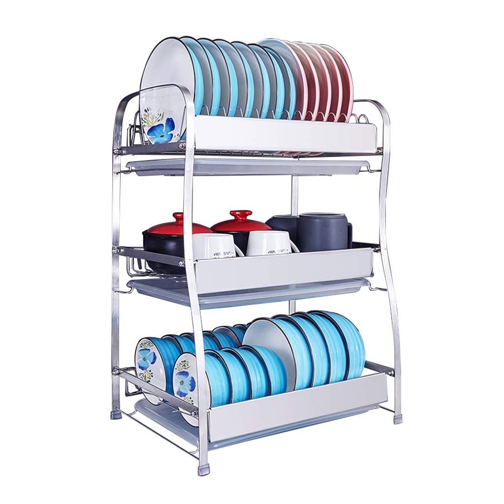 Escurridor de platos, 3 niveles con soporte para utensilios, soporte para tabla de cortar y escurridor de platos para encimera de cocina, estante de acero inoxidable plateado (tamaño: sin soporte