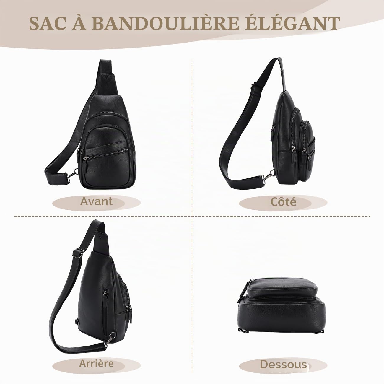 RAVUO Sac à Bandoulière Femme, Sac de Poitrine Cuir PU Mode Petit Sac à Main Sac Banane avec Bretelles Réglables Sling Bag pour Voyage Shopping Sport,Noir