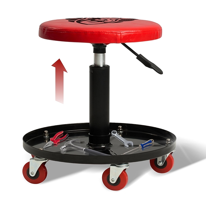 BullsArmor重型气动机械坐凳 - 可调节高度车库座椅带工具盘 - 人体工学设计 - 红色