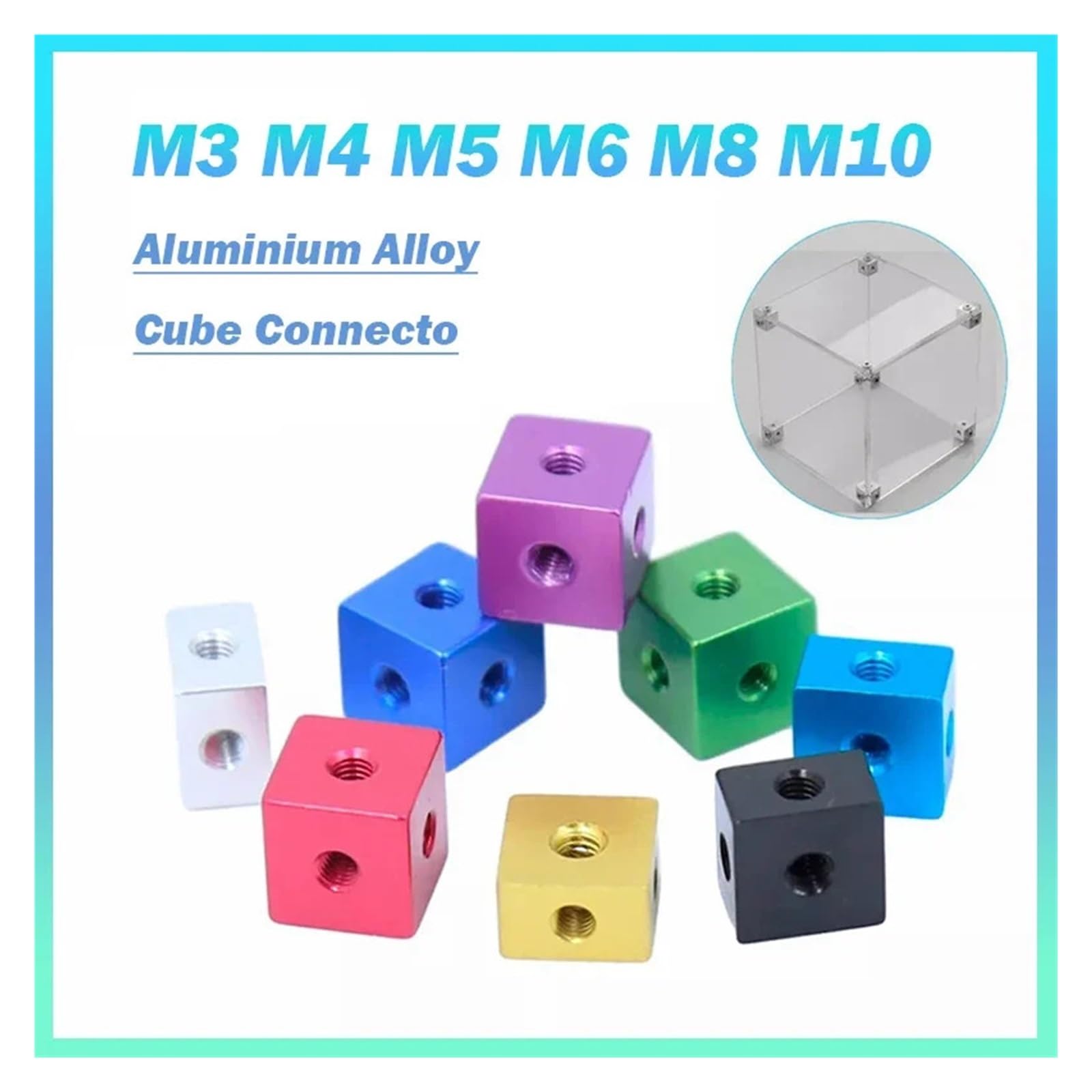 5 pezzi in lega di alluminio anodizzato M3 M4 M5 M6 M8 M10 cubo connettore staffa di fissaggio distanziatore quadrato distanziatore a T 6 vie(Aluminium Colour,M6 x20 x 20 x 20mm)
