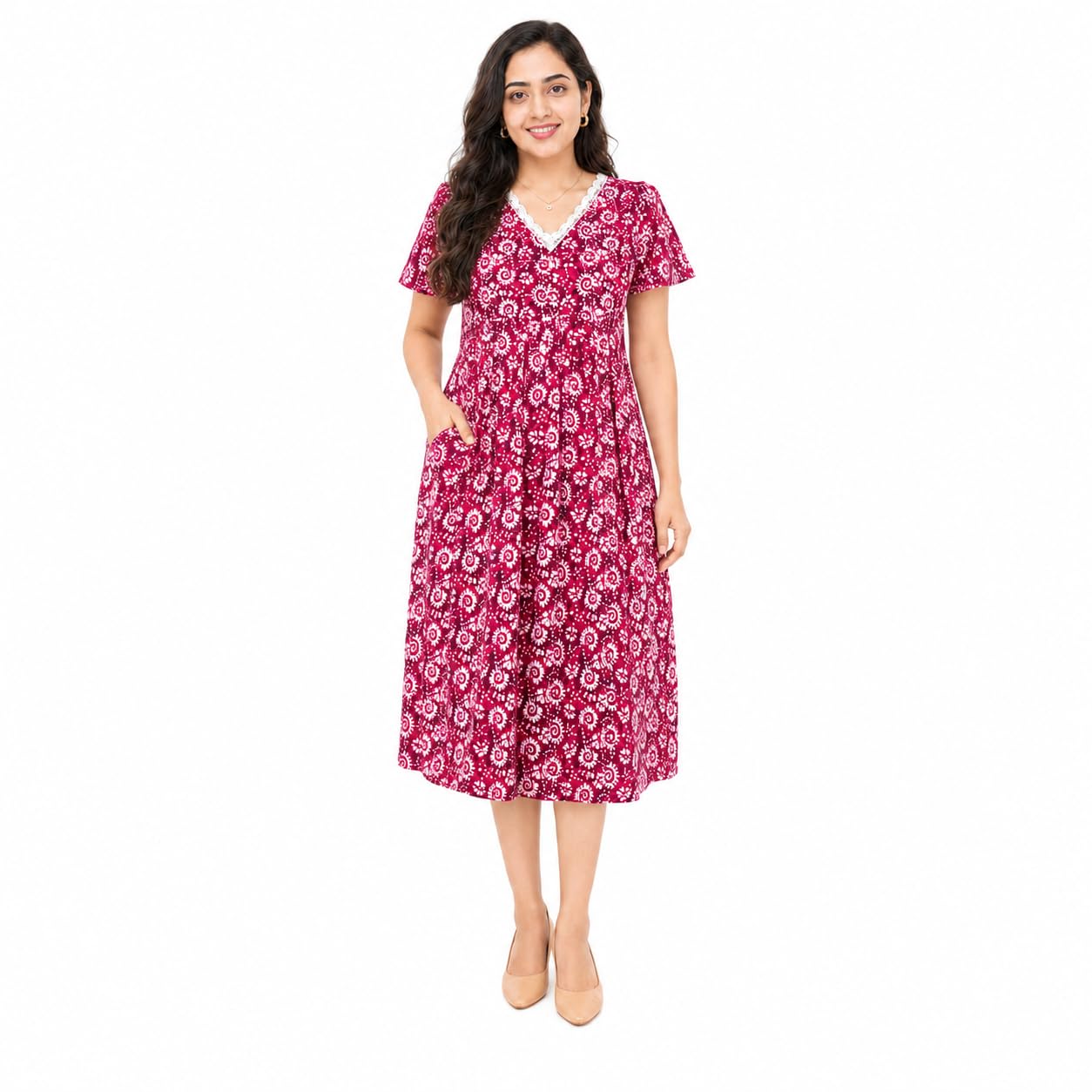 Women’s Cotton Floral Printed Maternity Feeding Frock Nighty with V-Neck, Dual Invisible Feeding Zips, Short Flutter Sleeves and Pocket-image-41