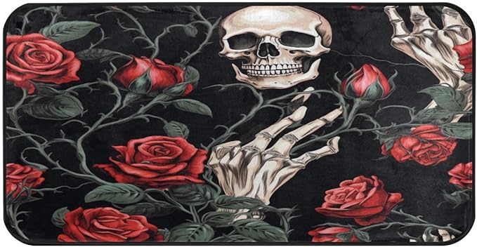 ALAZA Sugar Skull Hand Rose Flower Black Non Slip Kitchen Floor Mat Kitchen Rug for Entryway Hallway Bathroom Living Room Bedroom 39 x 20 inches(1.7' x 3.3')