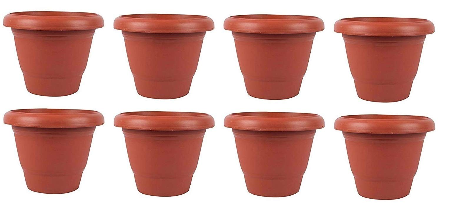 First Smart DealRound Plastic Planter Pot, Brown, Standard, 10 Inches 8 Pieces with Tray