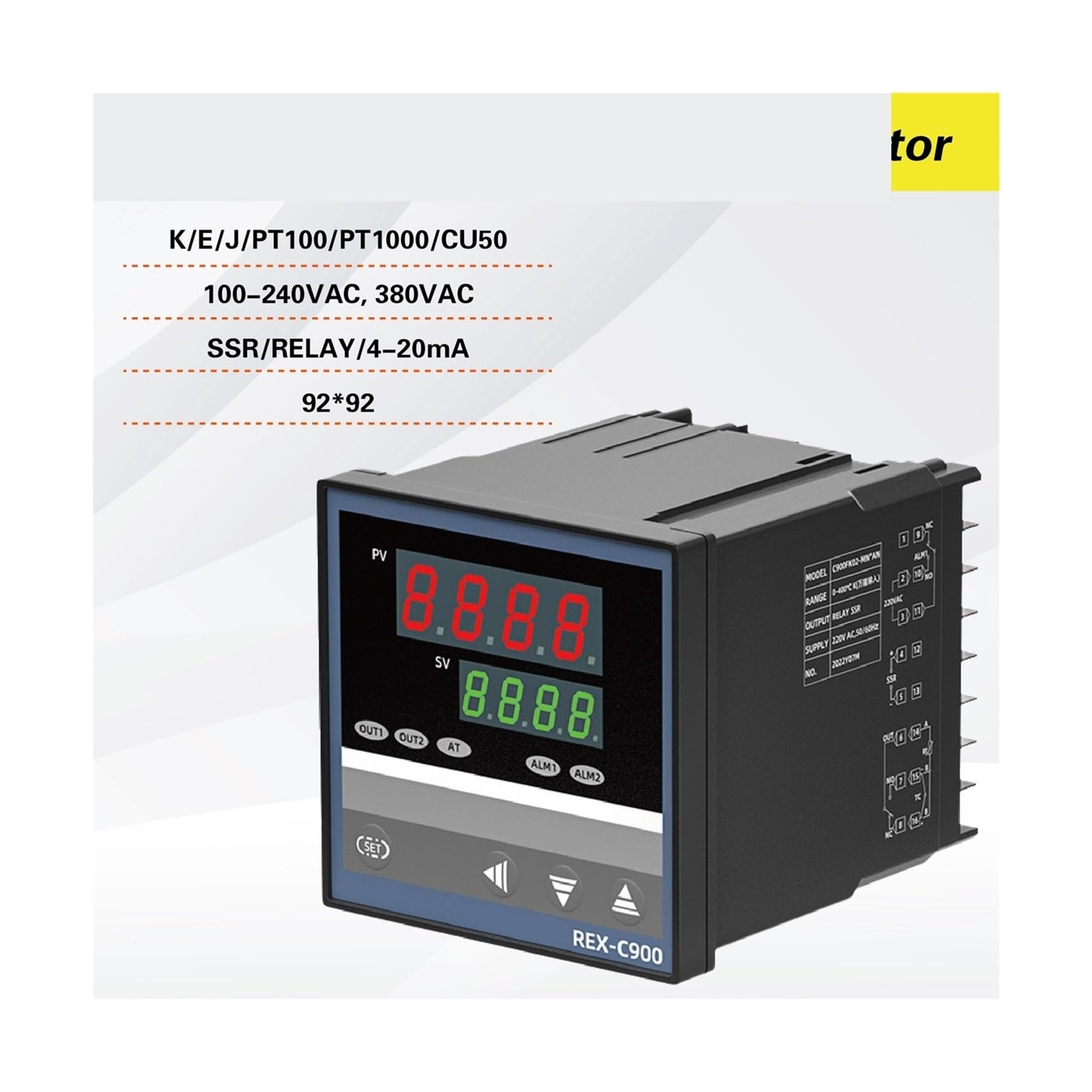 Controlador de temperatura PID digital C900 8AN con entrada universal y salida de 4-20 mA, relé de estado sólido