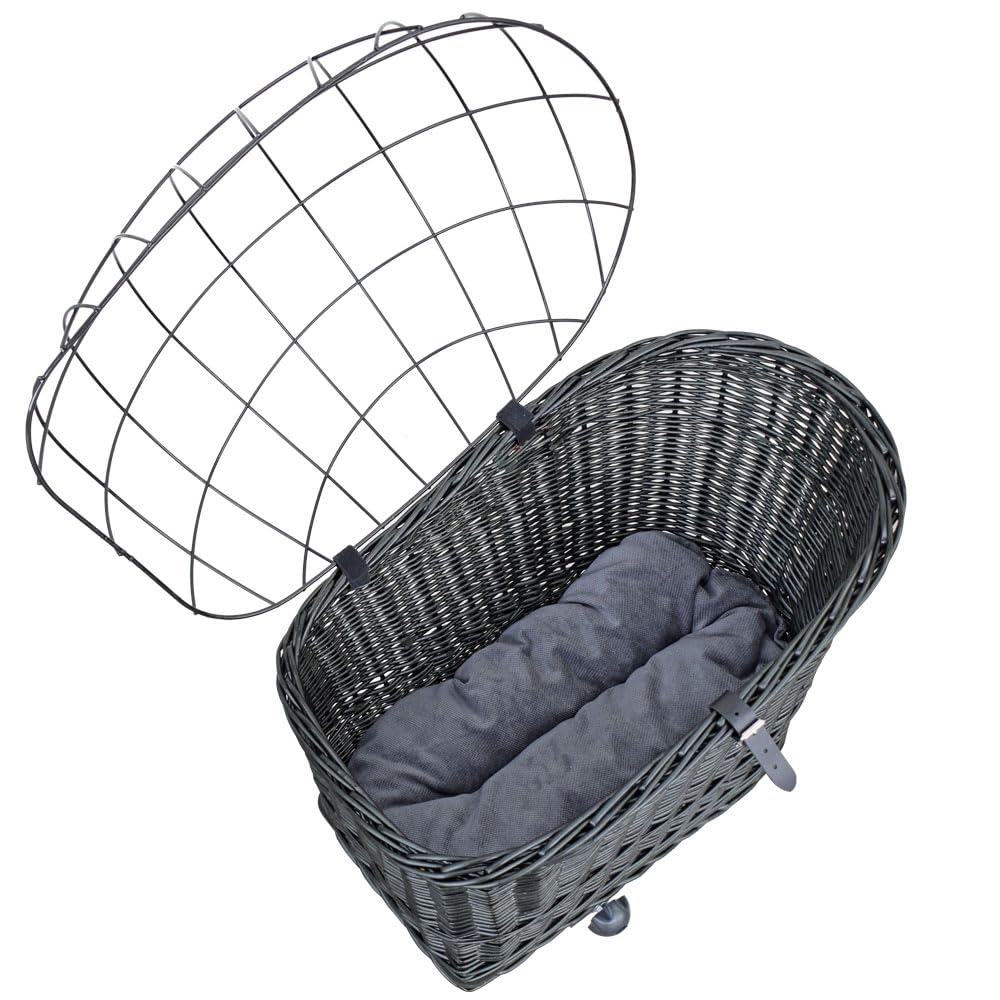 Fahrradkorb für Hunde – mit Gitterhaube, Befestigung für Gepäckträger, herausnehmbarem Kissen – aus Weide – Hundekorb Fahrrad 60×39×50 cm (SCHWARZ)