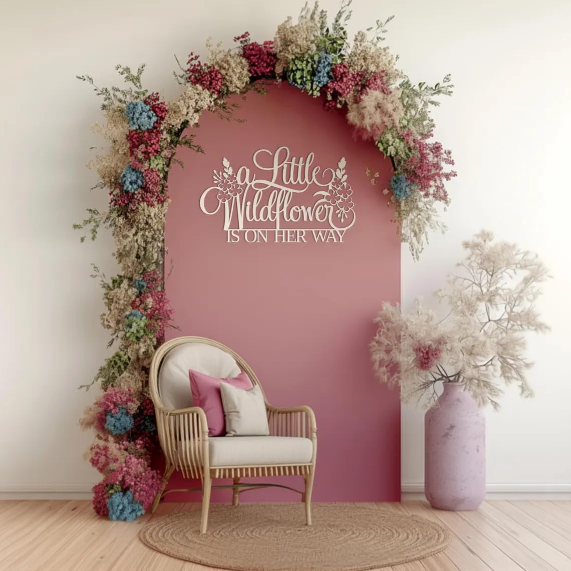 A Little Wildflower is on Her way Sign for Backdrop, Wooden Flower Baby Shower Wall Decoration, Floral Theme Gender Reveal Girl or Boy Baby Shower Decal Sign