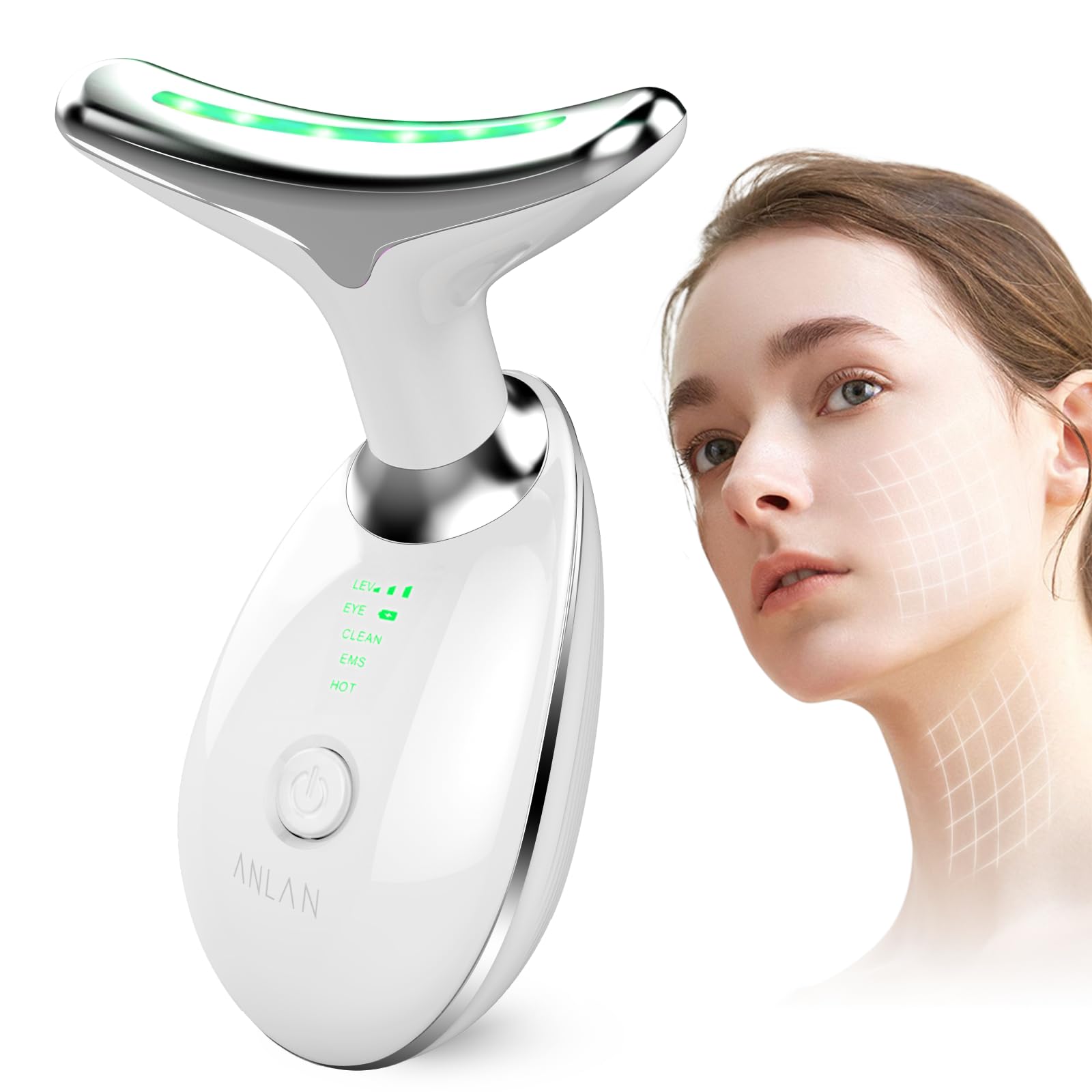 ANLAN Masajeador Cara Cuello Antiarrugas Masajeador Facial Reafirmante Mujer con Calor Luz LED EMS Lifting para Aclarar Líneas del Cuello (45°C)