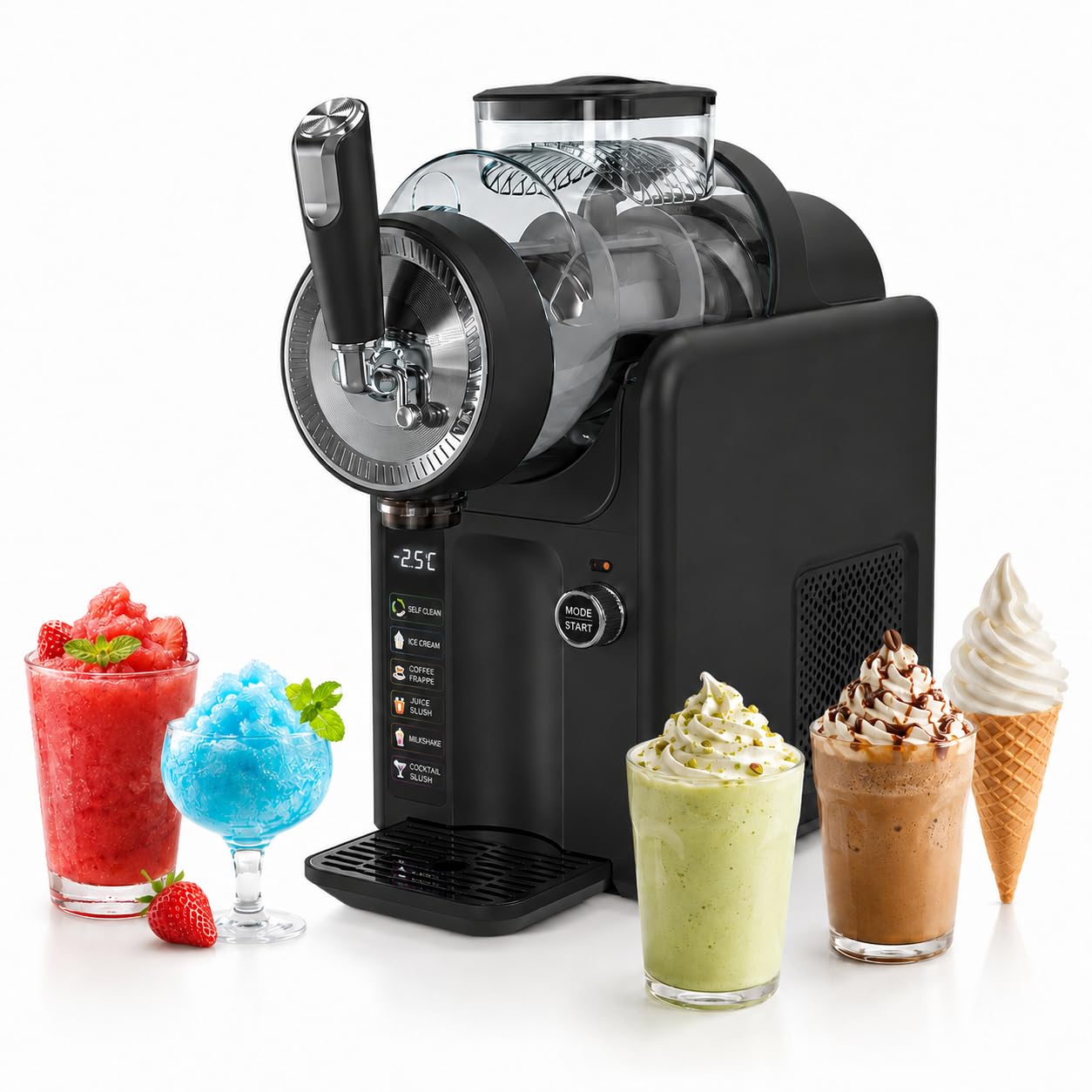 Macchina per Granite, Senza Bisogno di Ghiaccio, Produttore Professionale 5-in-1 di Slushy con Compressore 185W, capacità 2L, Autopulizia, Consistenza Regolabile Black