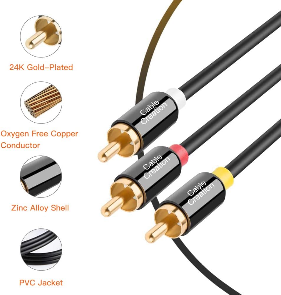 RCA Cable 6FT, CableCreation 3RCA to 3RCA Composite Video Audio AV Y Splitter Cable Compatible with Set-Top Box, Speaker, Amplifier, DVD Player, 24K Gold Plated Connector : Electronics