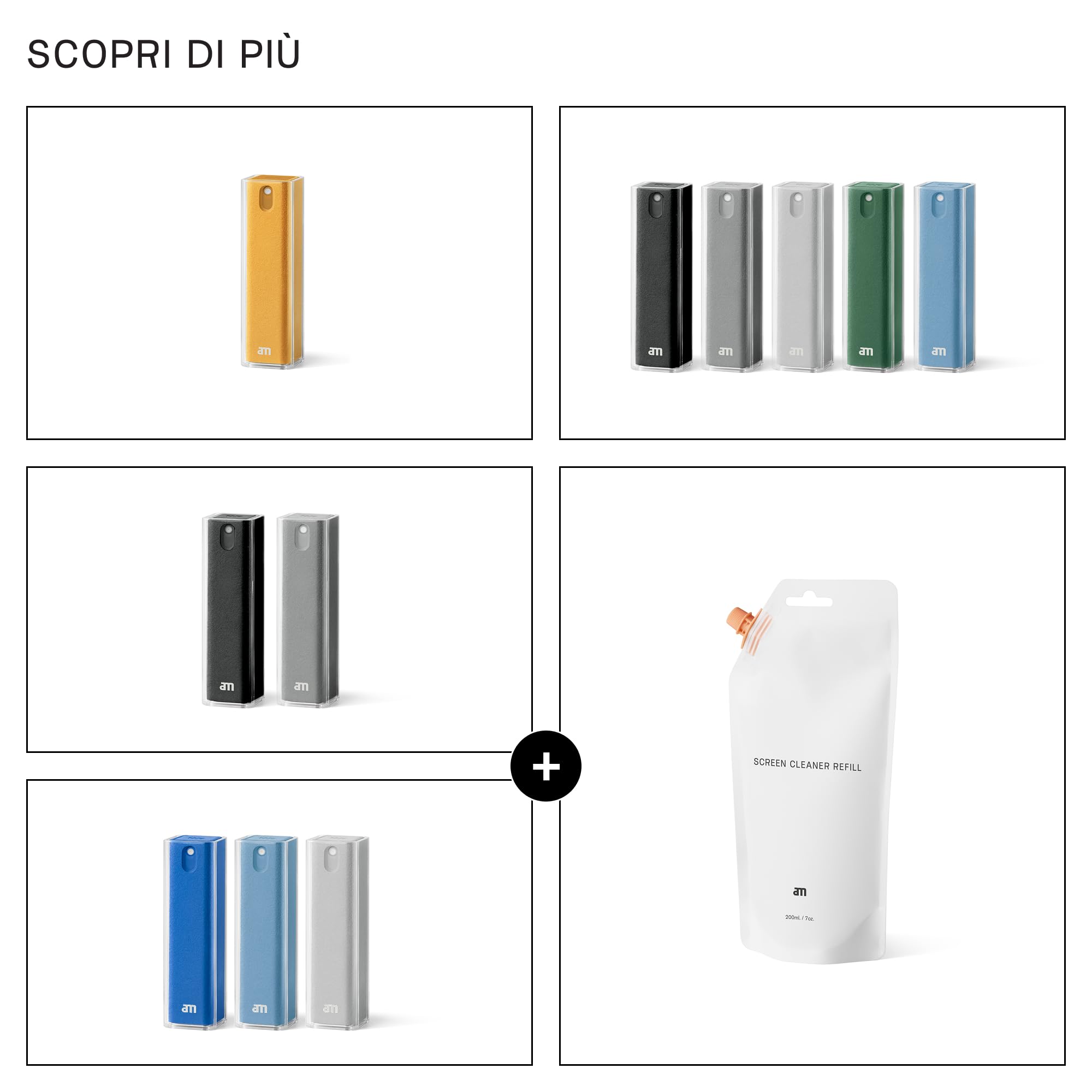 am Spray Pulizia Schermo 2 in 1 con Panno in Microfibra Integrato per Smartphone, Tablet, Laptop, Monitor PC, Smart TV e Display Auto, Ricaricabile (Giallo, 1 Pack)
