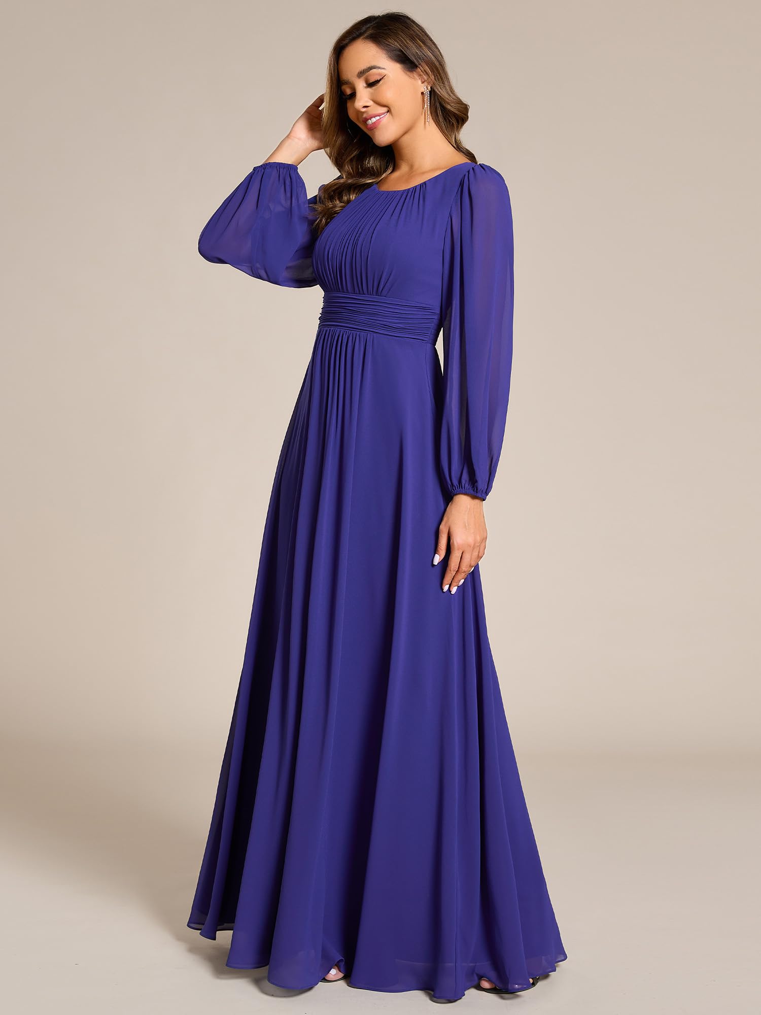 Ever-Pretty Vestito da Sera Donna Lungo Cintura Rotondo Manica Lunga Elegante Abiti da Cerimonia Blu Zaffiro 44