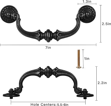 Supkiir 6 Pack Drawer Pulls Handles, 5.5 Hole Center Vintage Antique Black Kitchen Cabinet Knobs Drop Bail Pulls Handles 6.7 Total Length