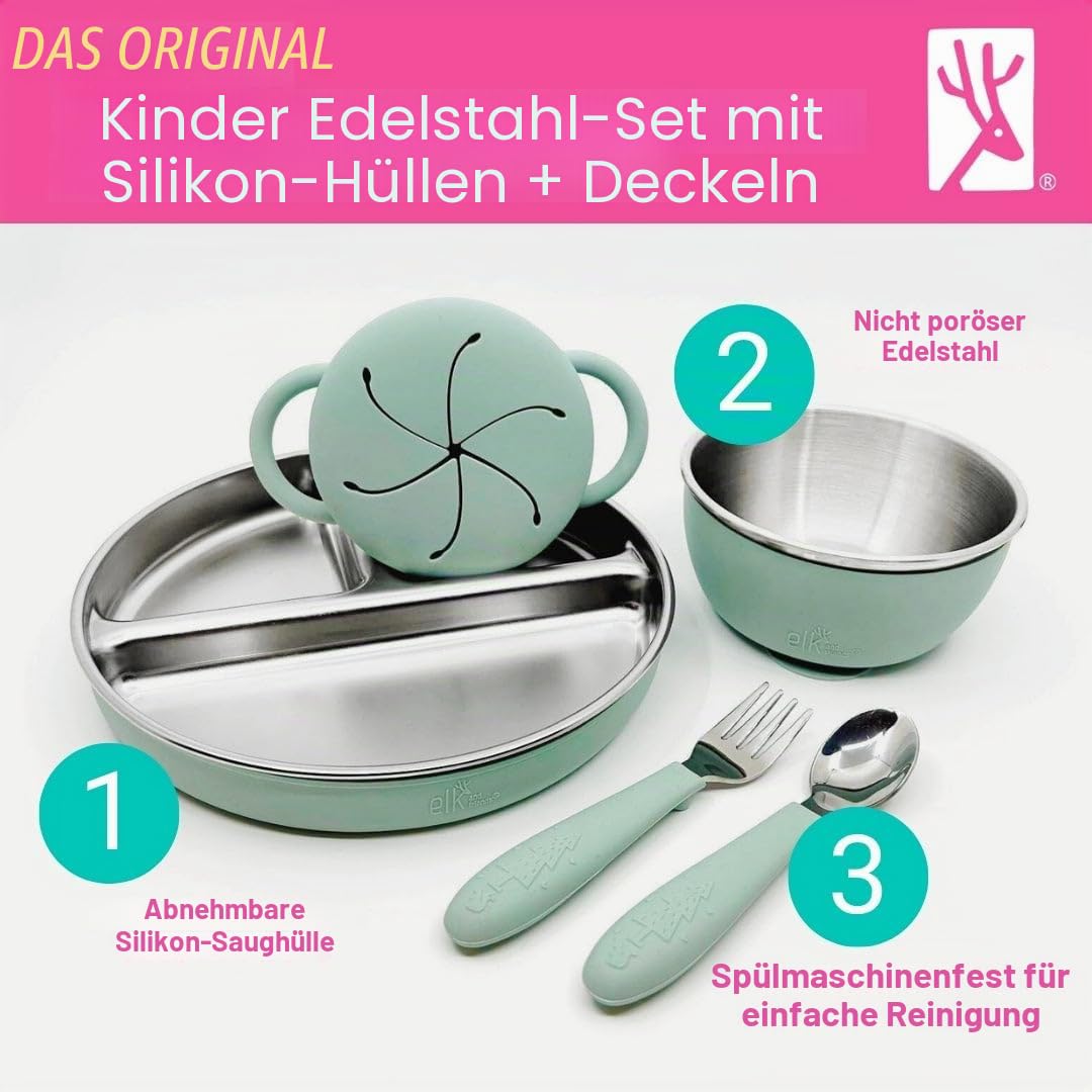 Elk and Friends Kinder Edelstahl-Essensset | Teller, Schüsseln, Snackbecher + Kleinkind-Geschirr | Silikon-Saugnäpfe + Reise-Aufbewahrungsdeckel | für Mahlzeiten + Snacks | spülmaschinenfest