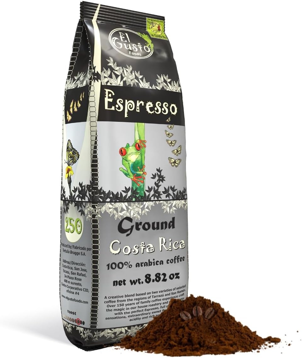 El Gusto - Single Origin Costa Rican Ground Coffee, 100% Arabica, Shade Grown, Handpicked & Sun-Dried - Roasted, Freshly Ground & Sealed - Espresso Roast (250g)