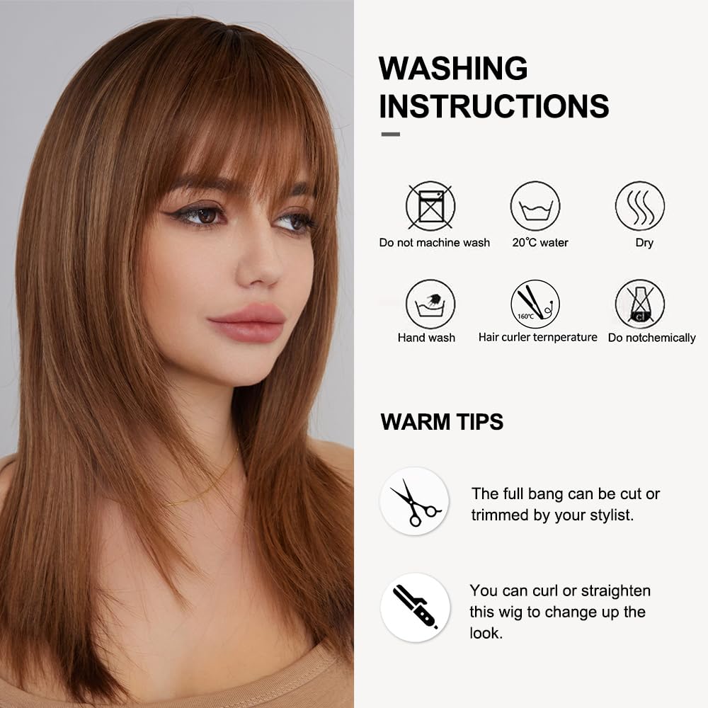 Ombre Brown Parrucche per Le Donne Di Media Lunghezza Lunga Parrucca Dritta con Frangetta Capelli Sintetici Parrucche Resistenti Al Calore per Tutti i Giorni Cosplay Partito Indossare