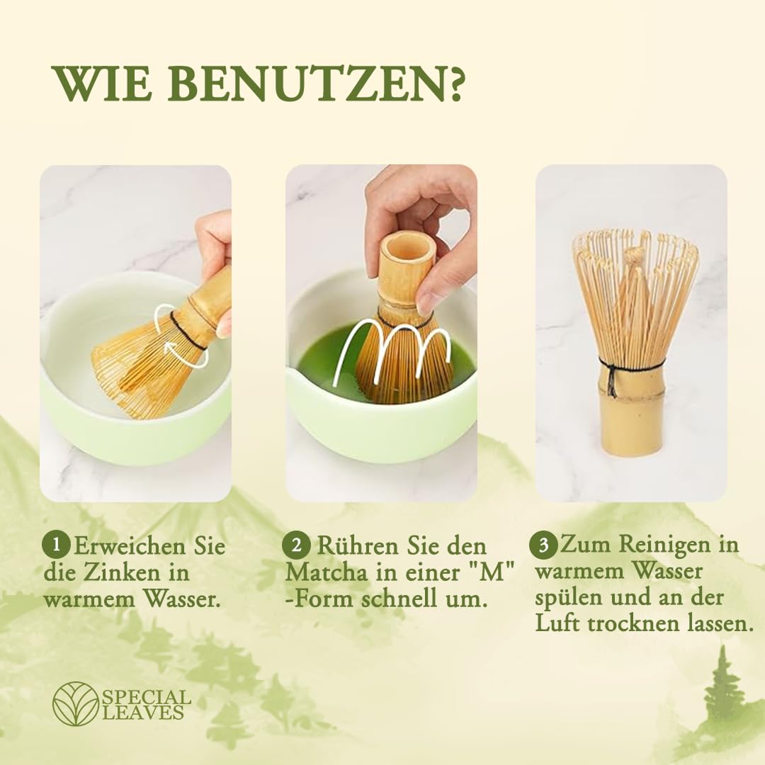 Matcha Pulver & Matcha Besen - 90g -100% Natürlich & Fein Gemahlen Tee und Bambus Besen mit 100 Borsten - Premium Zubehör von Special Leaves