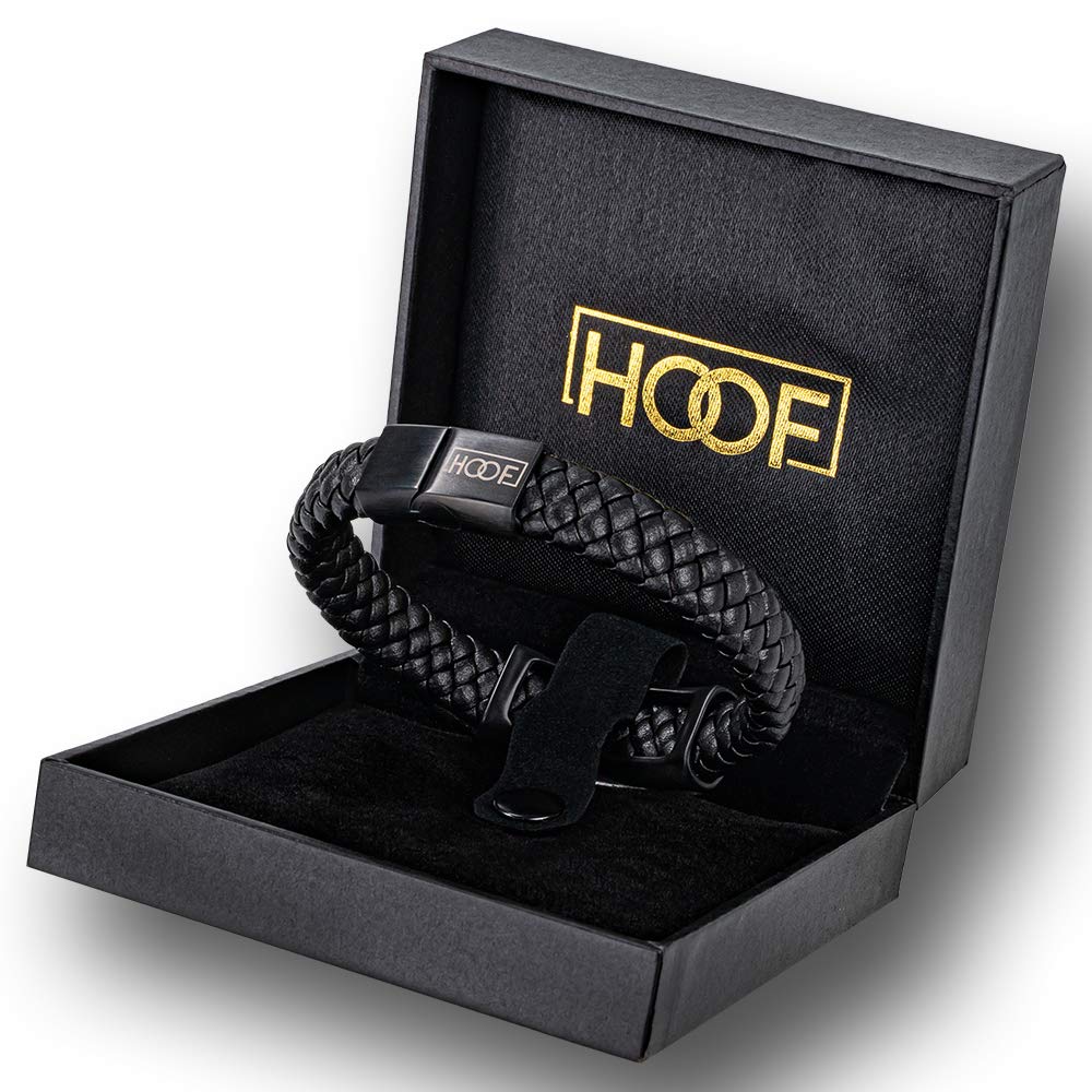 HOOF Armband Männer I Herren Echt-Leder Schmuck I Schwarz geflochten Armreif mit CARPE DIEM Gravur| Edle Box Schachtel | Personalisierte Geschenkidee Vatertag, Weihnachten, Freunde, Partner, bis XXXL