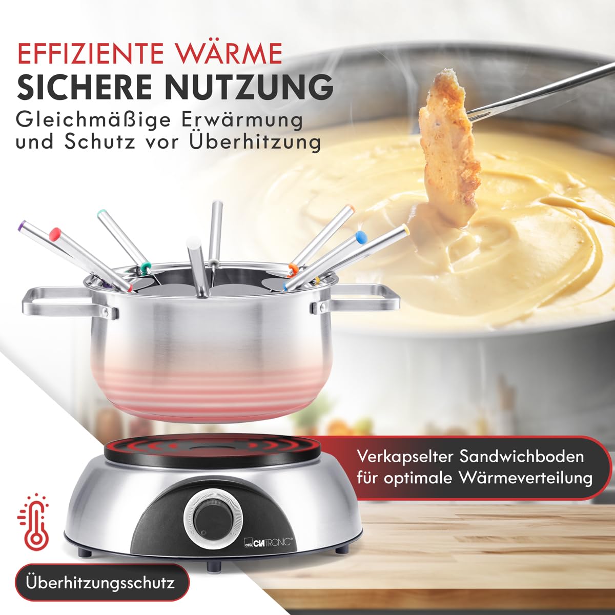 Clatronic FD 3783 - Pentola elettrica per fonduta con paraspruzzi rimovibile, per 8 persone, con forchette per fonduta in acciaio inox, codice colore, capacità max. 1,2 litri/1400 Watt, in acciaio