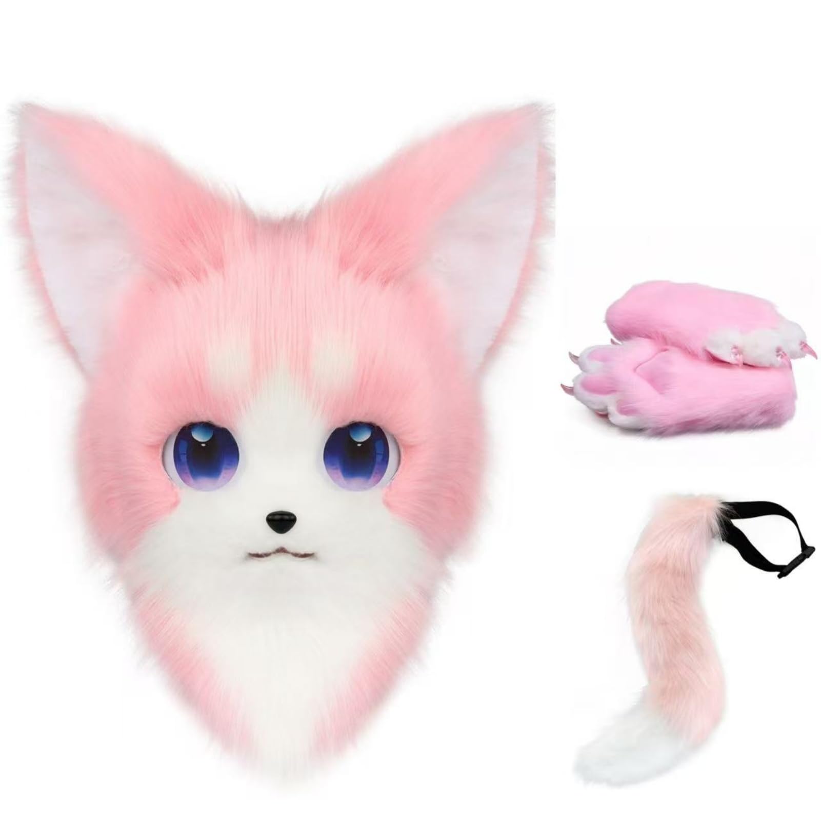 Częściowy zestaw Fursuit, czarny biały kot lis futrzana głowa łapy ogon zestaw do cosplay