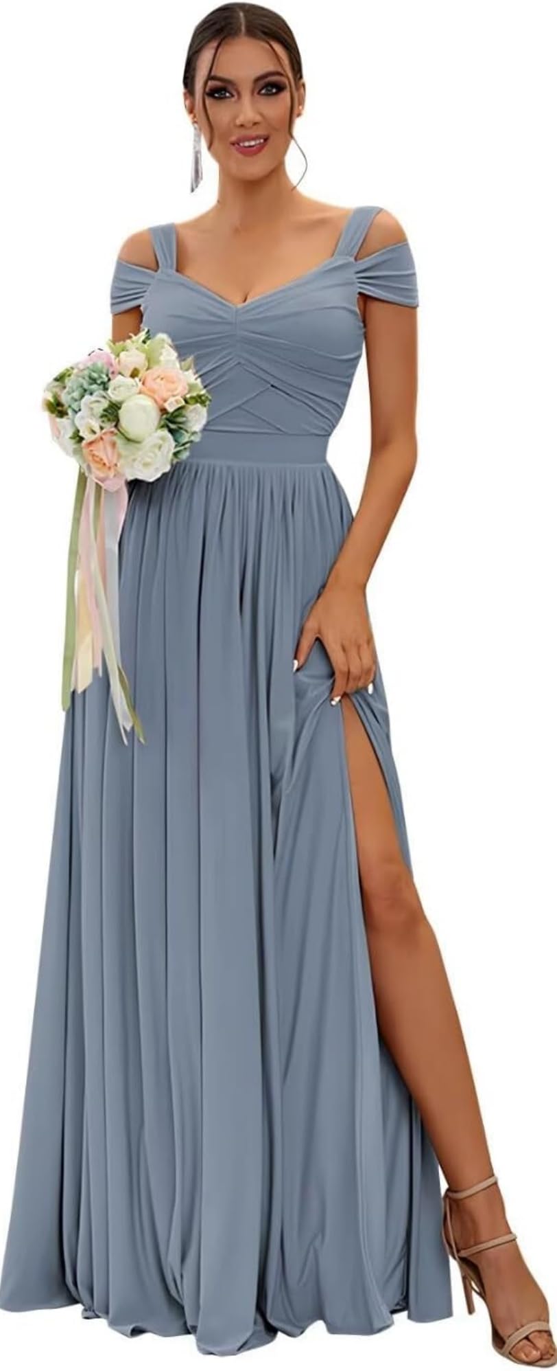 Damen Chiffon Brautjungfernkleider Lang,Schulterfrei Elegante Abendkleider Lang A-Linie Kleider für Hochzeitsgäste