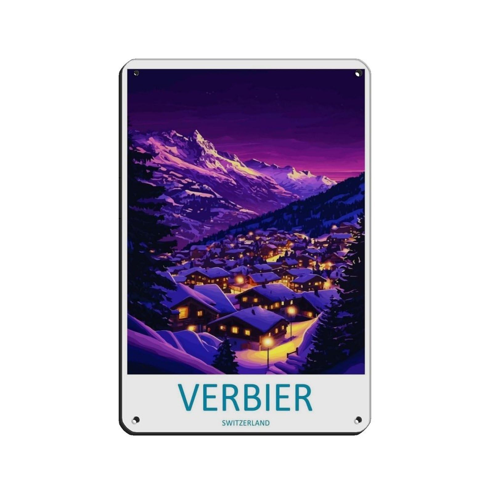 Verbier Travel Poster Ski Resort Alpine Landscape Tin Sign Vintage Metal Pub Club Cafe Bar Home Wall Art Decoration Poster Retro 8x12inch(20x30cm)