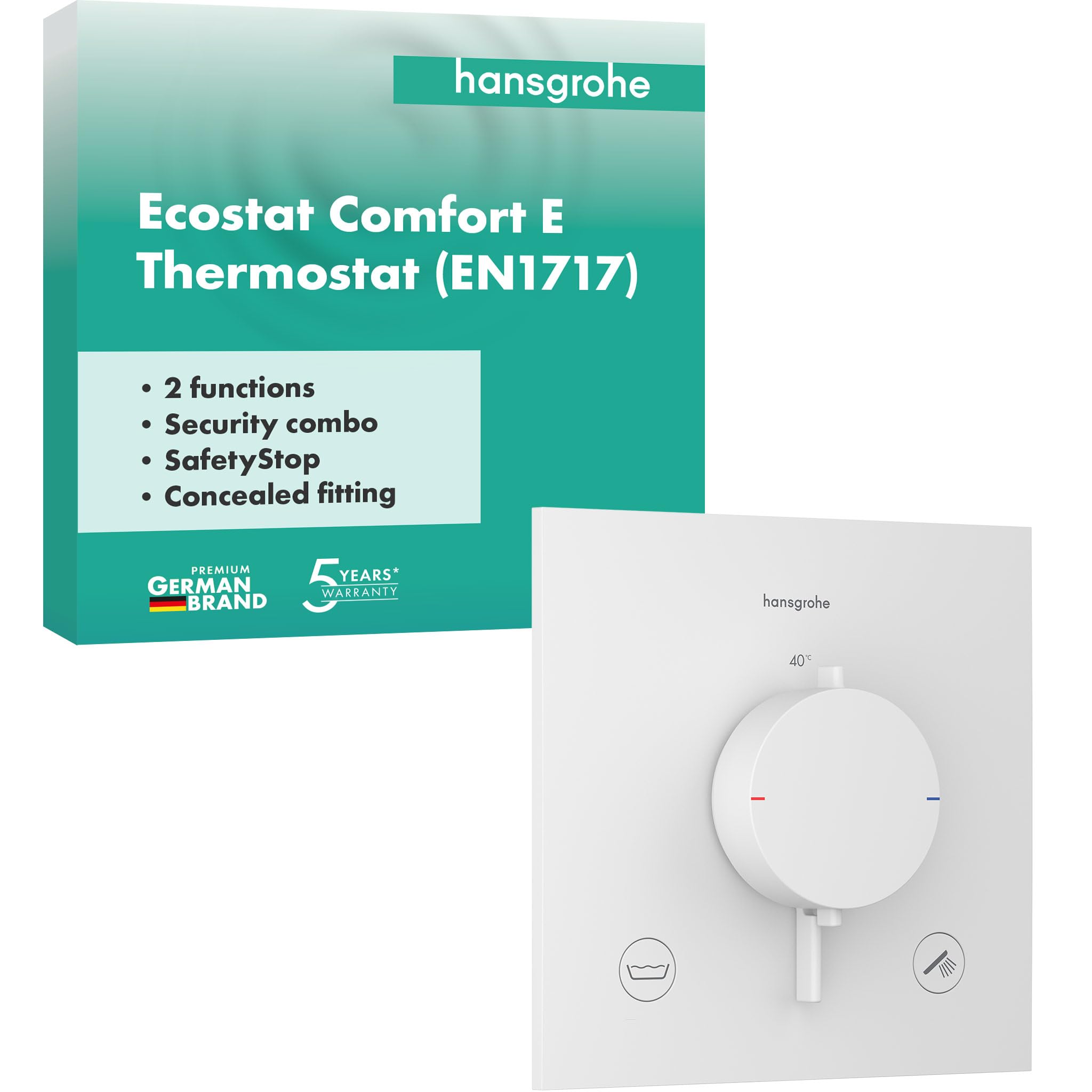 hansgrohe Ecostat Comfort E 33716700 termostat prysznicowy podtynkowy z kombinacją bezpieczników, armatura prysznicowa z blokadą bezpieczeństwa (SafetyStop) w temperaturze 40°C, termostat dla 2