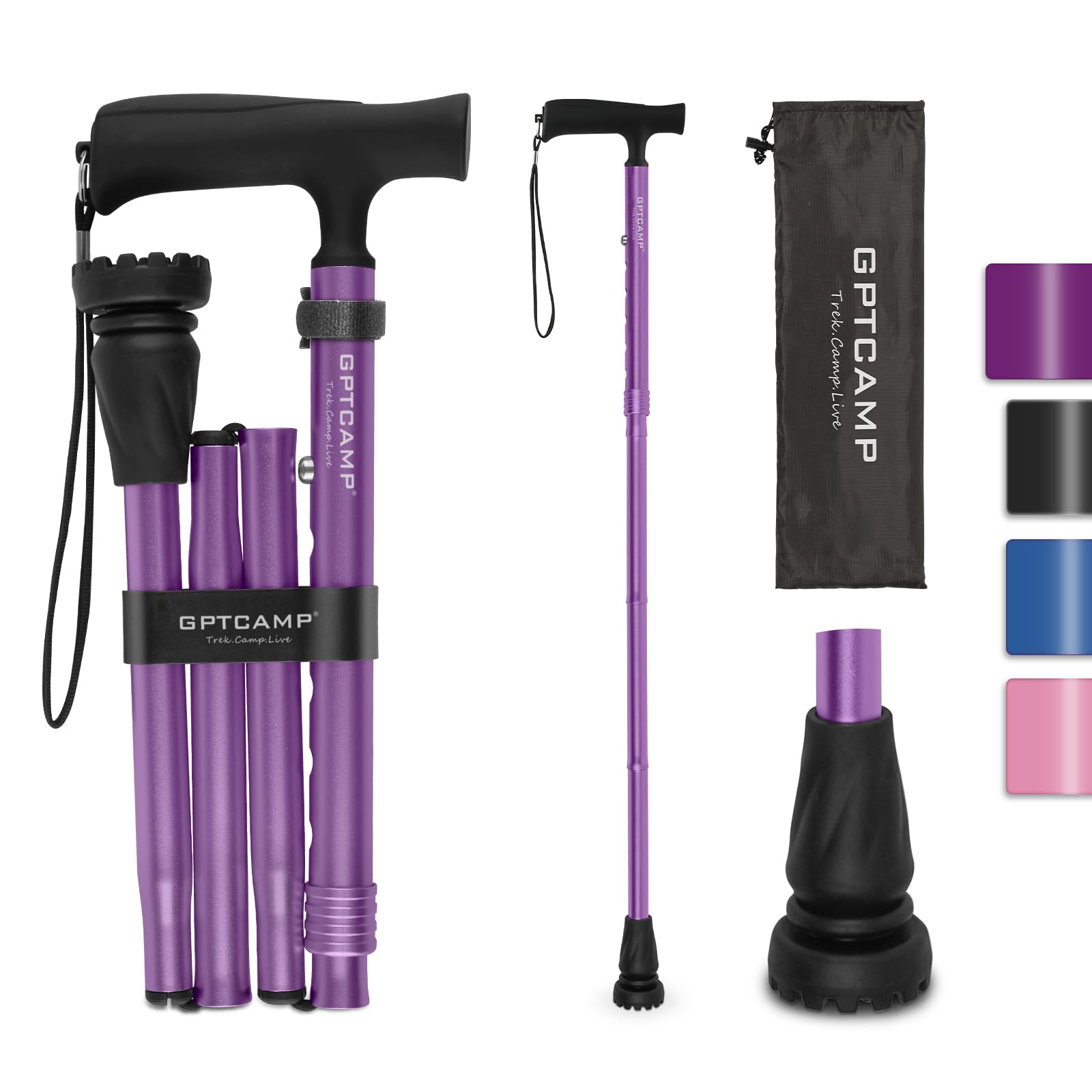 GPTCAMP G2 Walking Stick, Fold-up Walking Cane for Women and Men with Wrist Strap, Portable, Foldable, Collapsible, Lightweight and Sturdy with Comfortable T Handle