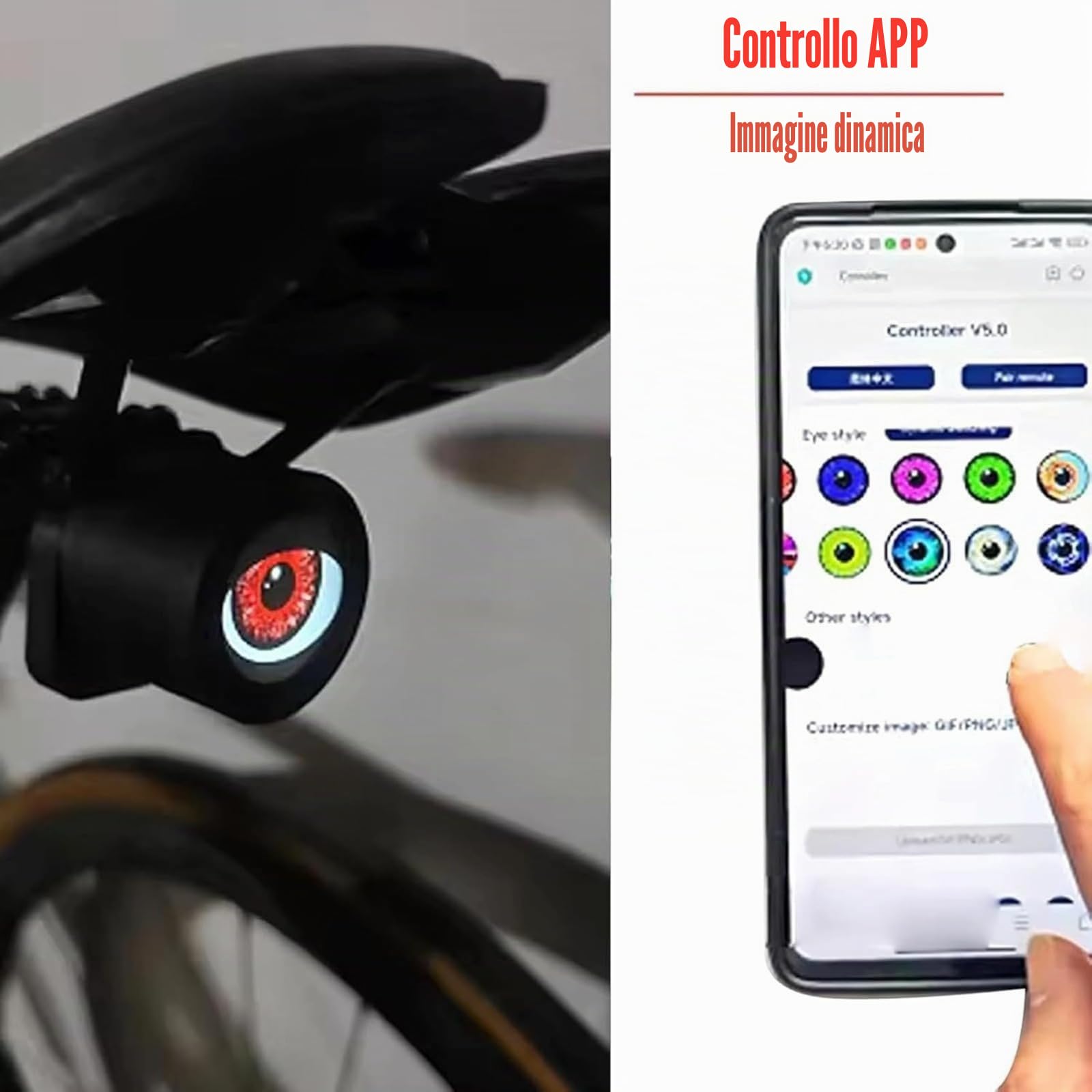 Fanale posteriore per bici Demon Eye, luci LED intelligenti Devil Eye, occhi ricaricabili fai da te programmabili tramite APP, luci per bicicletta, impermeabili intelligenti, luce di sicurezza