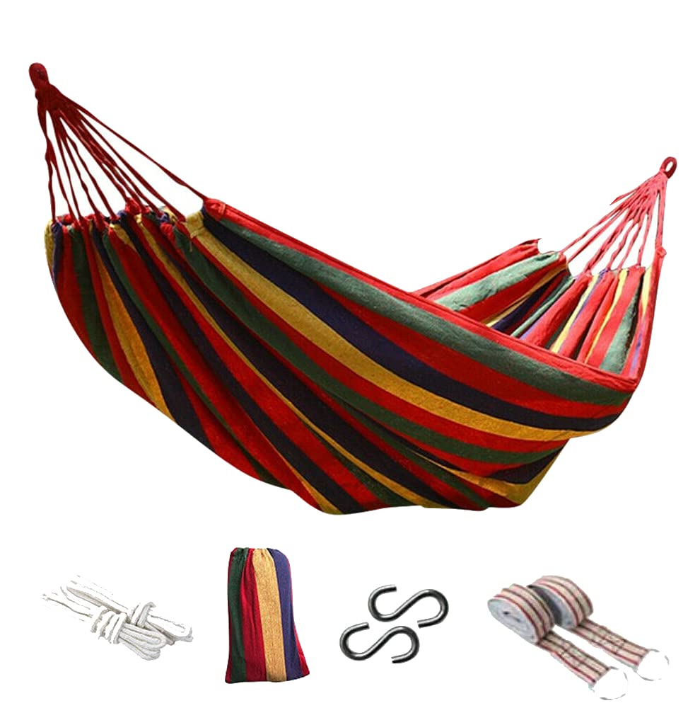 Outdoor Single/Double Hammock Garden Camping Canvas Hammock Hanging Bed Swing 2 ropes 2 straps and 2 S-shaped hooks 260x150 (Red, Double)
