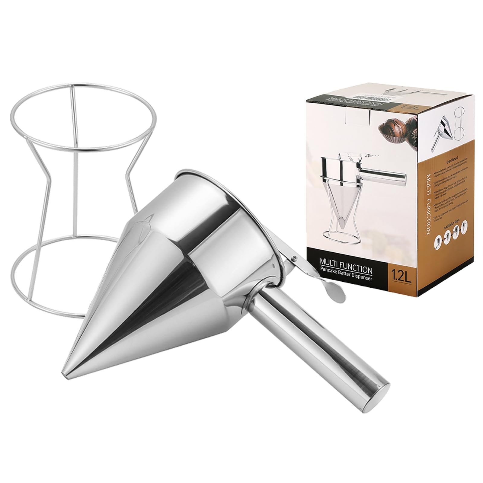 Dispensador de masa, dispensador de masa de panqueques de acero inoxidable, dispensador de embudo de pistón con soporte para postres de pastel de hornear Takoyaki