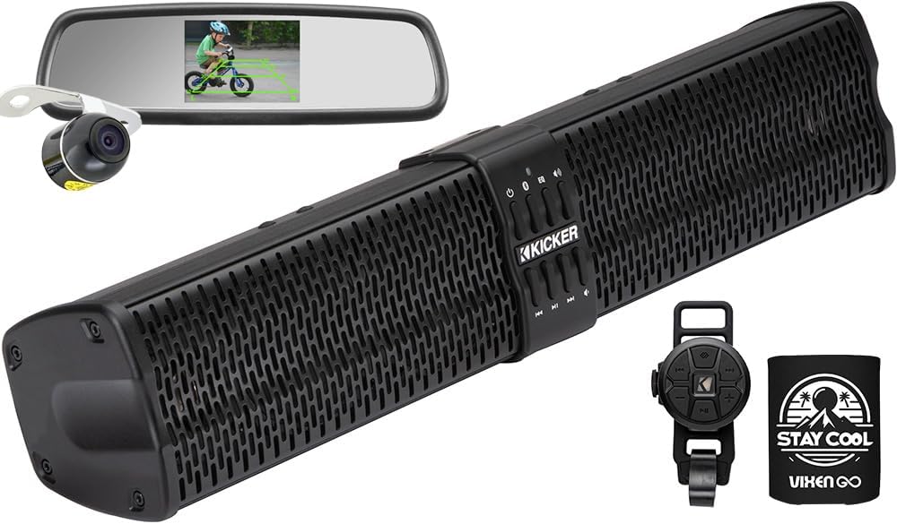 KICKER ATV/UTV Sound Bar Package - 6 Bluetooth Speaker Soundbar with Rear View Mirror Back-up Camera System, Water Resistant and Weather Proof for Marine, Boat, Golf Cart and RV