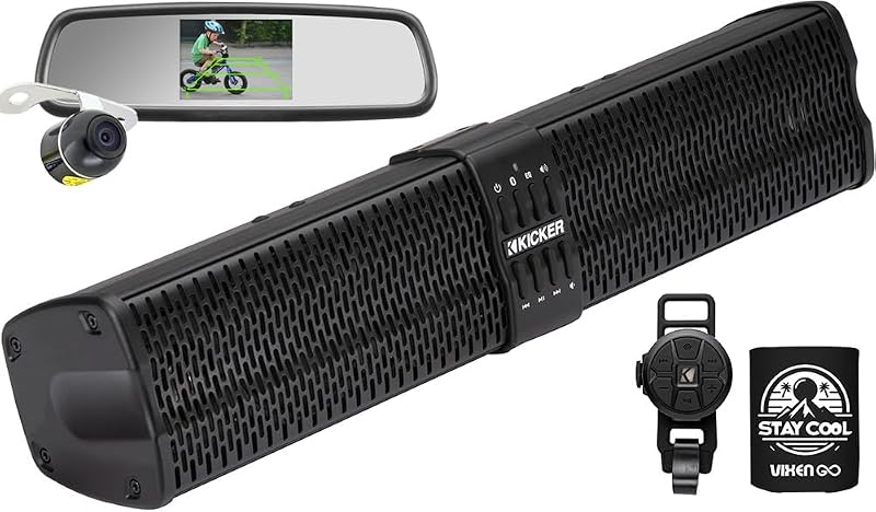 KICKER ATV/UTV Sound Bar Package - 6 Bluetooth Speaker Soundbar with Rear View Mirror Back-up Camera System, Water Resistant and Weather Proof for Marine, Boat, Golf Cart and RV