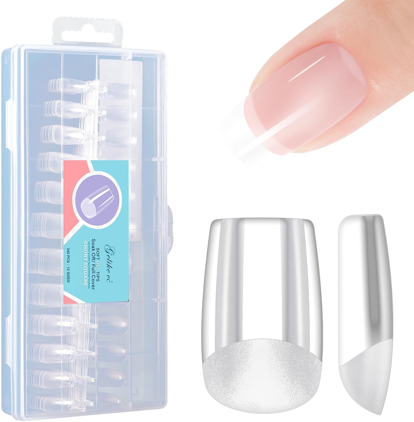 Short Square Nail Tips: Soft Gel False Nail Tips Full Cover for Nail Extensions - Acrylic Nails Professional Clear Gelly Tips False Press on Preshaped PMMA,12 Sizes, SHORT SQUARE 240PCS