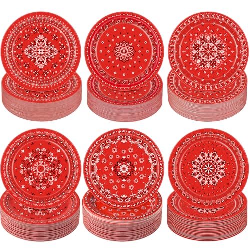 Image of Funnymoom 60 Pcs 7 Inch Red Bandana Western Paper Plates Western Party Decorations Paisley Cowboy Cowgirl Farm Disposable Plate for Dessert Cake, Bandana Floral Rodeo Wild West Birthday Party Supplies