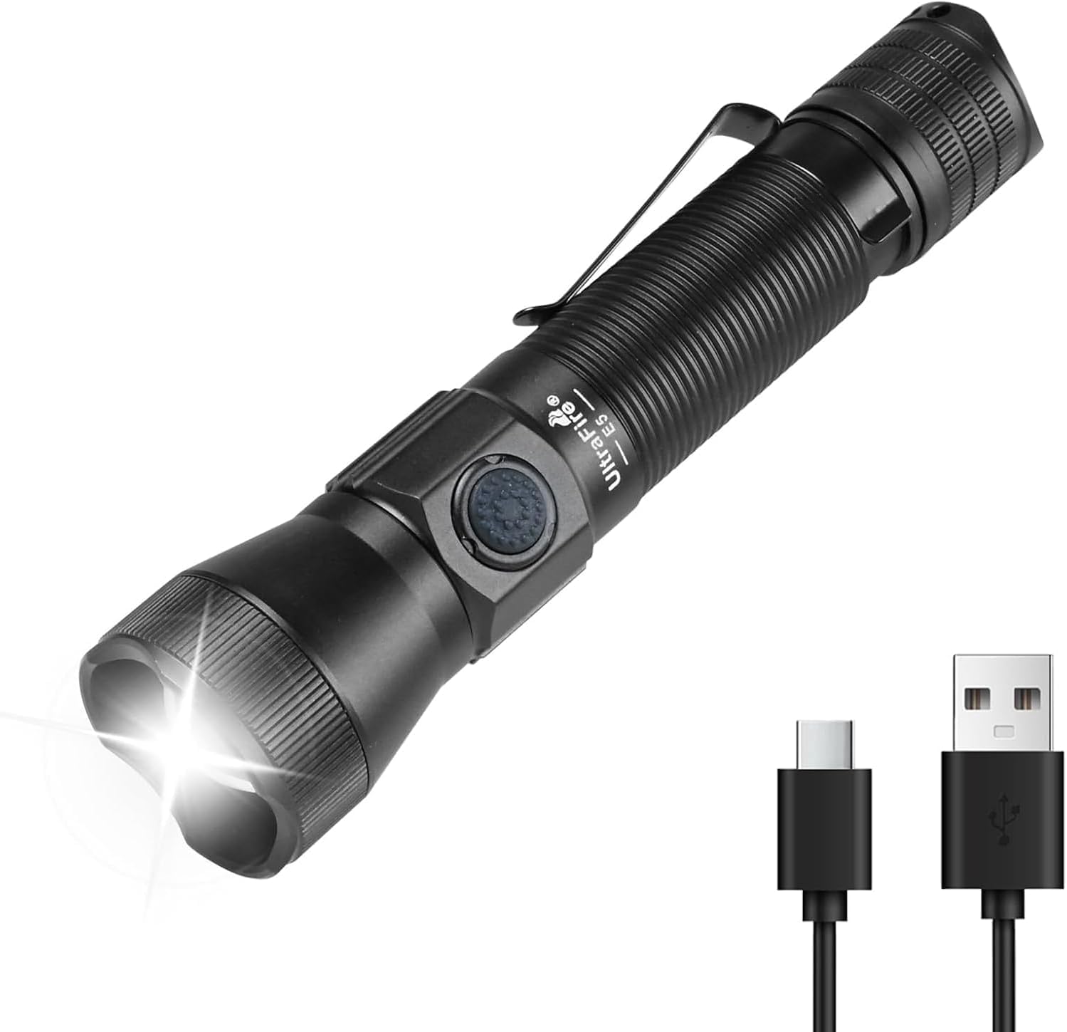 UltraFire TorciaTattica Ricaricabile 1350 Lumen, Zoomable LED Torcia Elettrica, 6 Modalità Piccola Torcia per le Forze Dell'ordine, Pattuglia, Servizio, Campeggio, All'aperto