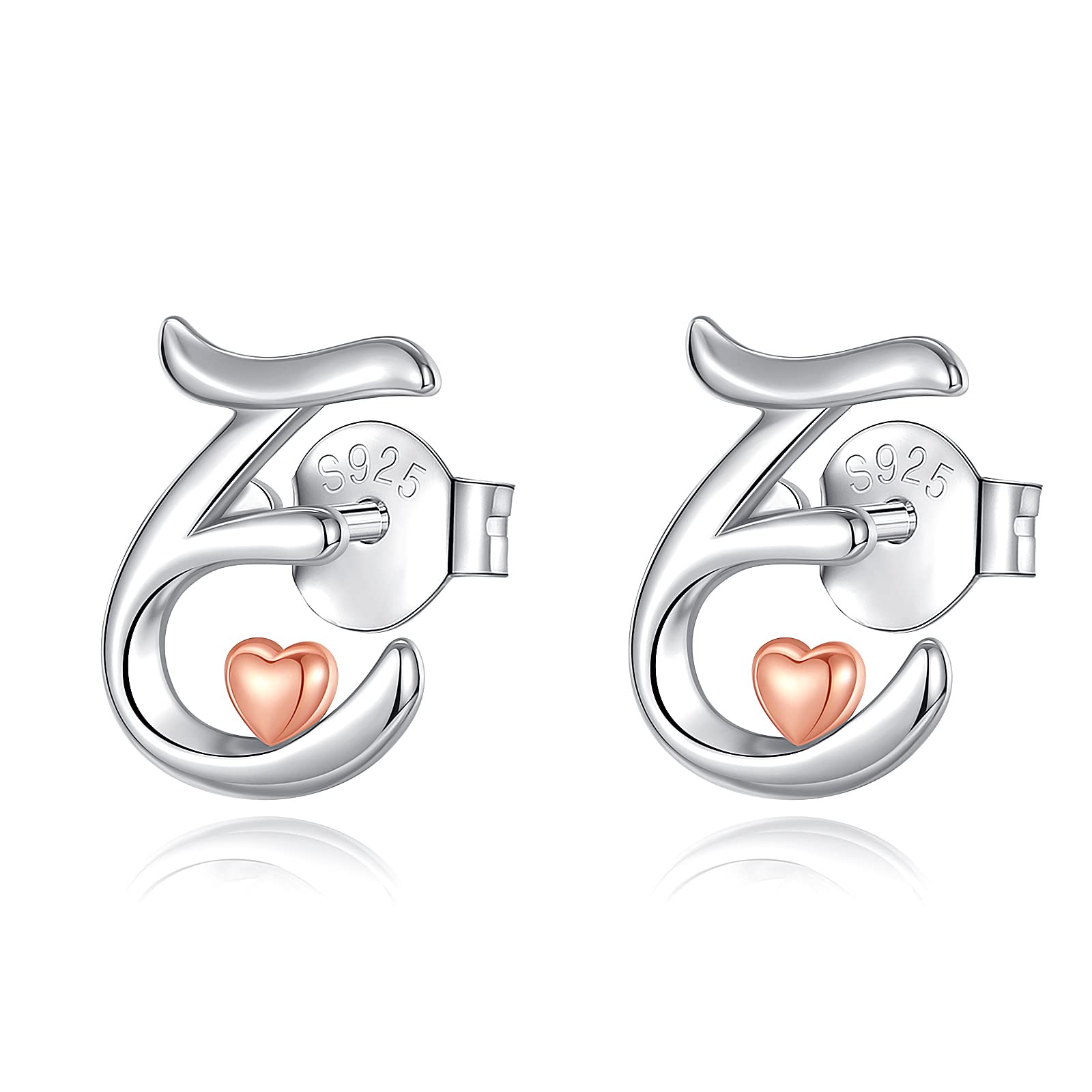 CELESTIA 925 Sterling Silver Initial Earrings 26 Letter with Rose Gold Heart Earrings Studs