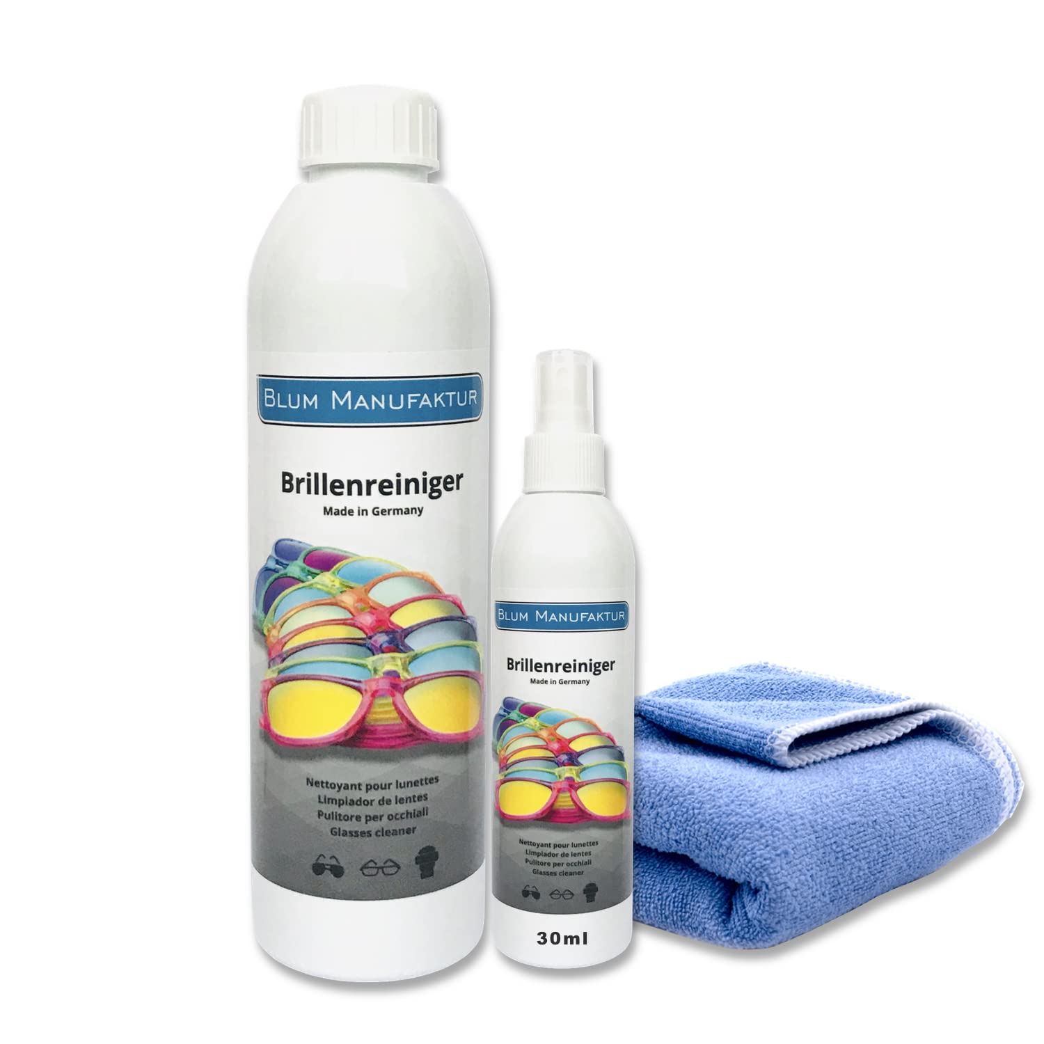 Blum Manufaktur - Limpiador de gafas de 30 ml + 250 ml limpiador de gafas de recambio + paño de microfibra 30 x 30 cm