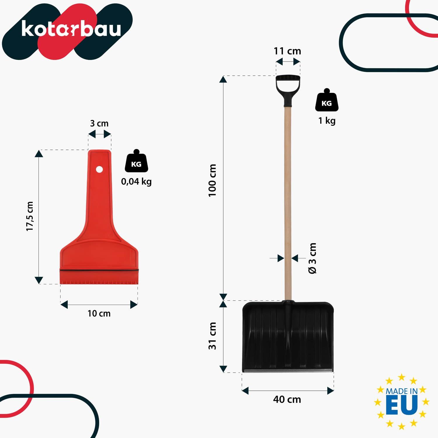 KOTARBAU® Juego de pala de nieve para coche de 40 cm con mango de madera de 131 cm + raspador de hielo para coche, para quitar la nieve, rascador de parabrisas de coche, con borde de goma