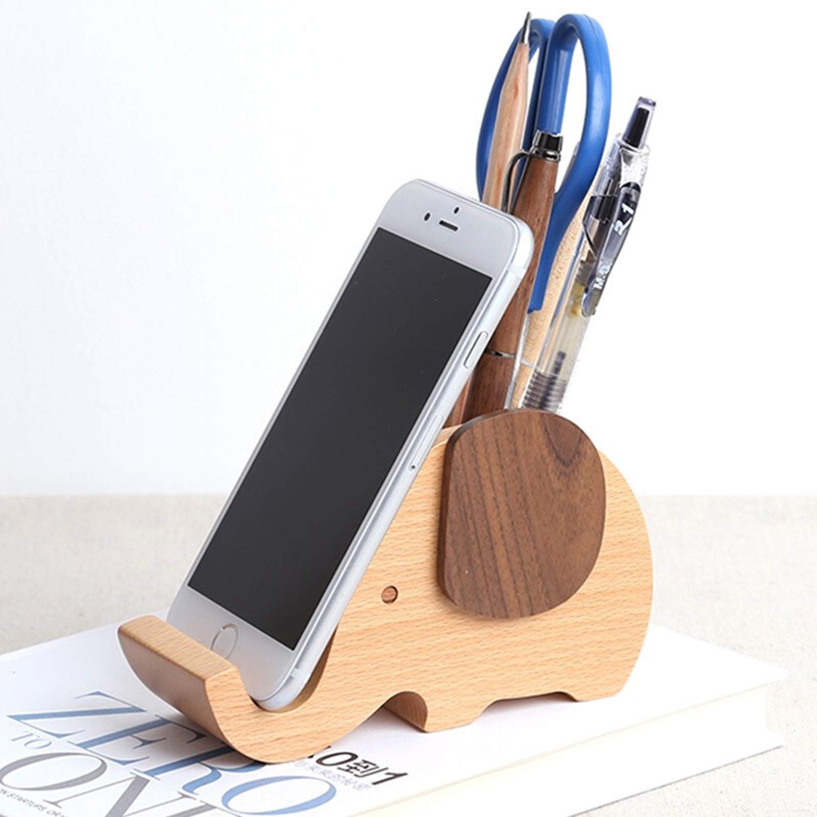 Porte Stylo Bureau Organisateur de fournitures de bureau de support de stylo d'éléphant en bois, accessoires de bureau multifonctionnels de porte-crayon mignon avec le support de téléphone portable Po