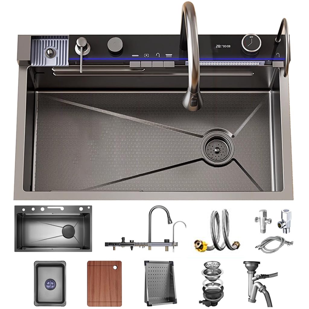 90x50 cm Lavello Cucina 1 Vasca,Lavello Da Cucina A Cascata In Acciaio Inox,Lavandino Cucina Nero Antracite,Lavelli da Cucina Con Rubinetto Estraibile,Sifone,Dispenser Sapone,Lavello Mobile E Tagliere