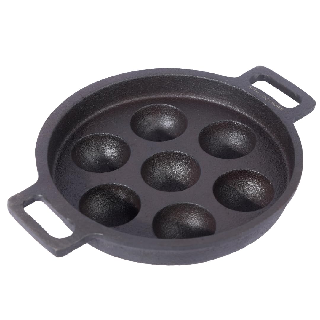 Arth The 7-Pits Pre-Seasoned Cast Iron Paniyaram Pan, 100% Natural and Toxic Free | 7 Pits - 22cms Diameter | NNaturally Non Stick and Long Lasting