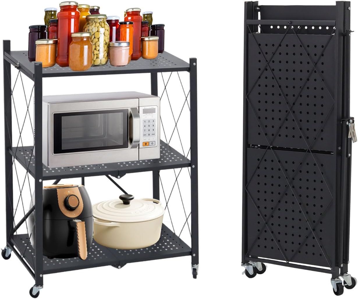 3 Tier Foldable Storage Shelf, Large Capacity Metal Shelf Rack, Rolling Bookshelf with Wheels, Wire Shelf Organizer for Kitchen, Pantry, Office, Garage, Basement, Black