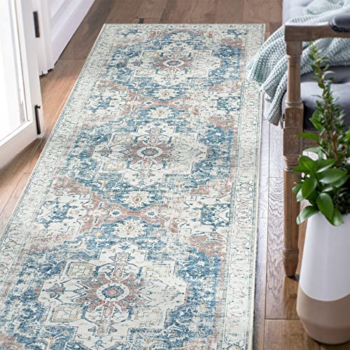 TOPICK Machine Washable Runner Rug 60x300cm Indoor Hallway Navy Blue Vintage Rug Foldable Lightweight Thin Non Slip Carpet Bathroom Kitchen Living Room Bedroom