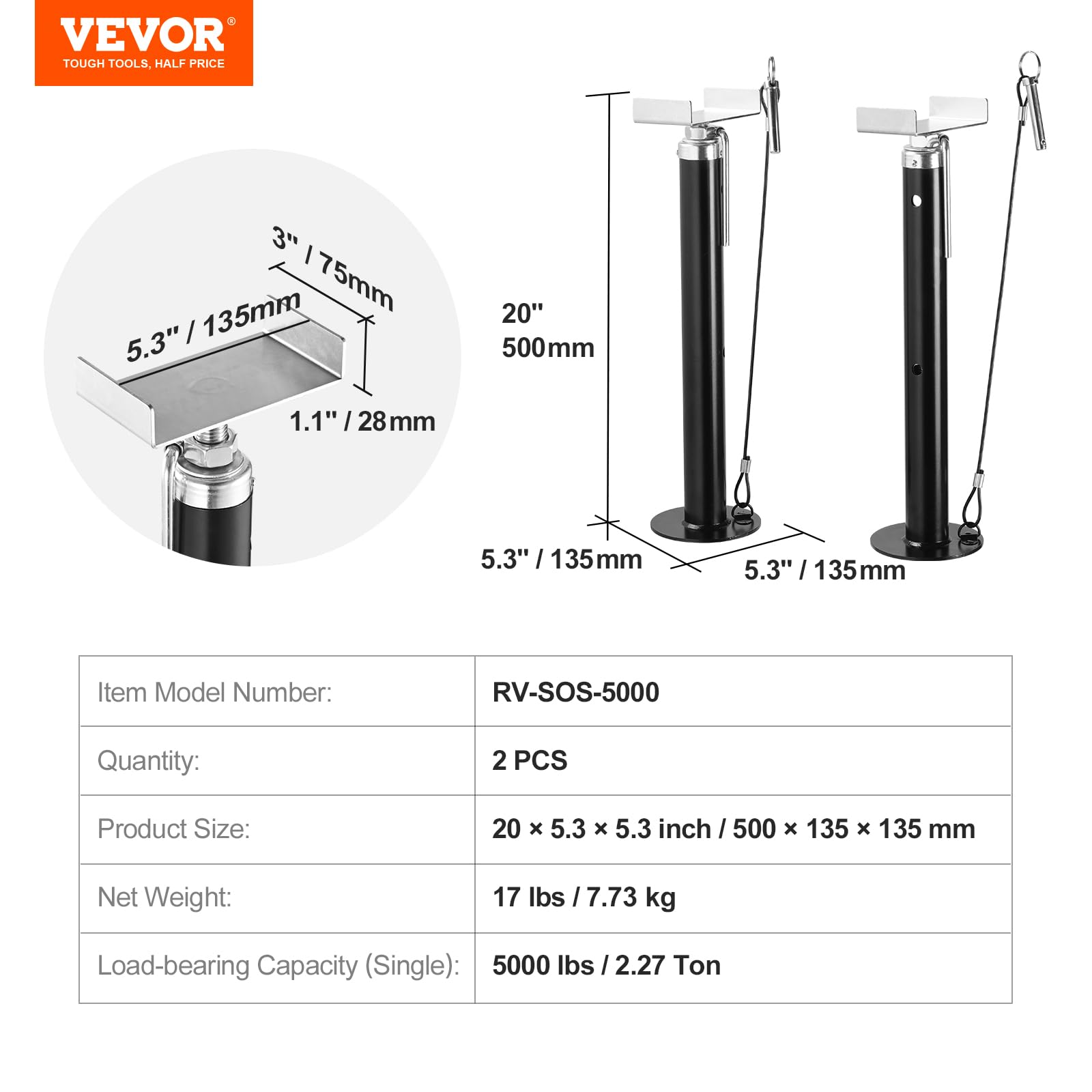 VEVOR 2-częściowy stabilizator podpórka do przyczep kempingowych 2,27 x 2 T uchwyt parkingowy do samochodu kempingowego ze stali solidna regulowana wysokość 500-1230 mm kompaktowy do przyczepy