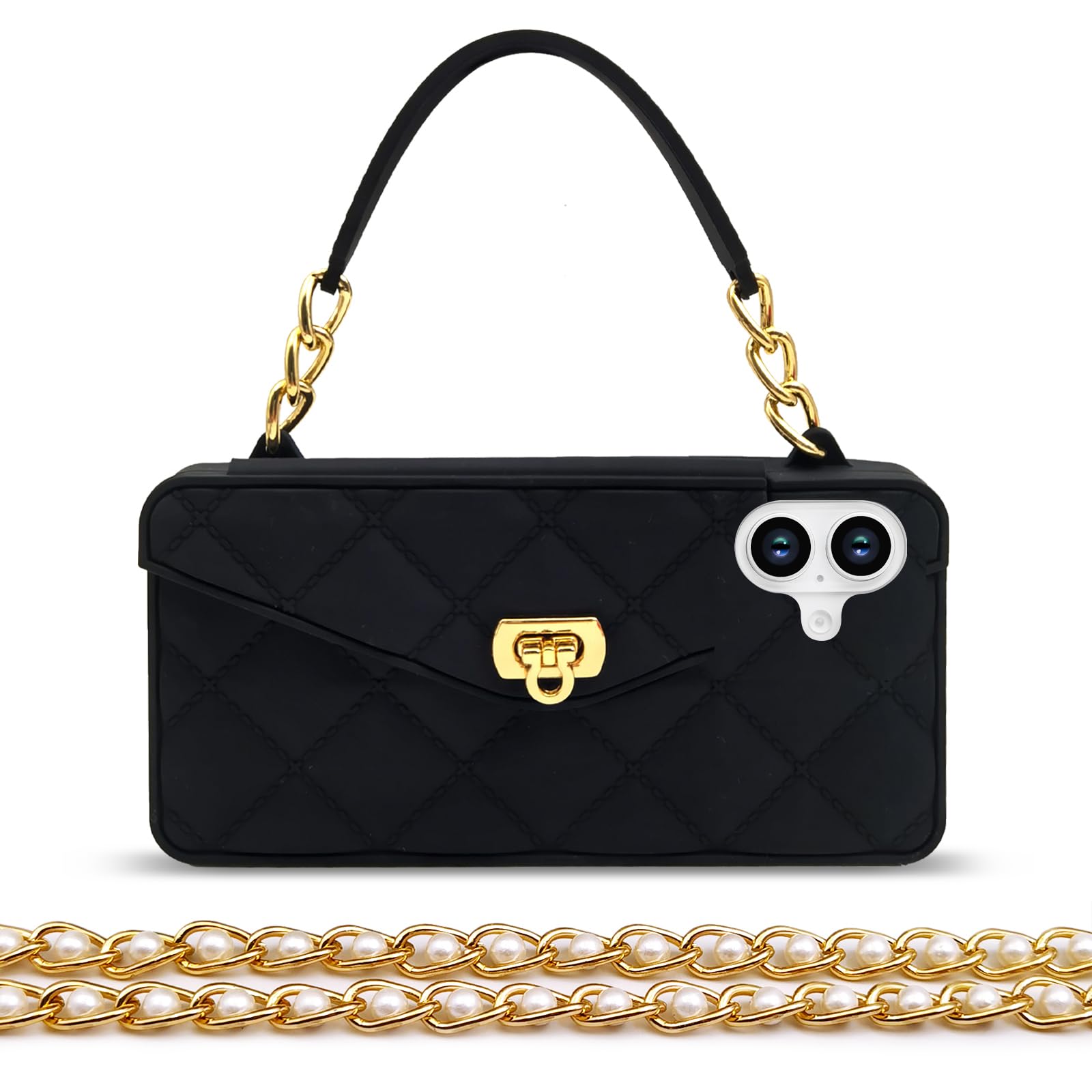 Omio Compatible with iPhone 16 Wallet Case with Card Holder Luxury Chain Case with Long Pearl Shoulder Crossbody Lanyard Wrist Strap Soft Silicone